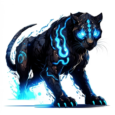 a glowing tribal leopard with blue lights on his eyes, tribal animals, in the style of bold black outlines, manhwa character design, master of shadows, burned/charred, himalayan art, dark black and light azure, 2d game art, quadratura, clipart, on white blackground