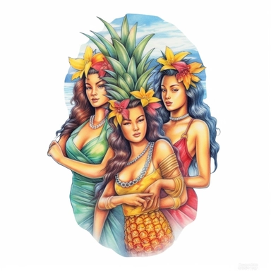 the watercolor painting on white paper shows 3 pineapples and some flowers, in the style of digital airbrushing, feminine sticker art, crossed colors, colorful costumes, bold colors, strong lines, dye-transfer, high resolution Clipart desert cartoon t-shirt graphic, vector,contour, isolated on a white background