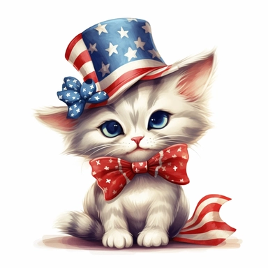 american flag day, clipart, a beautiful cartoonic cat wearing american hat, bow, beautiful, realistic, cute, white background