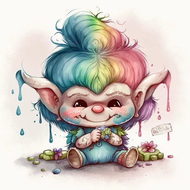 a watercolor clip art character illustration that combines the innocent and angelic expression of Precious Moments with the mischievous and magical attributes of Trolls.