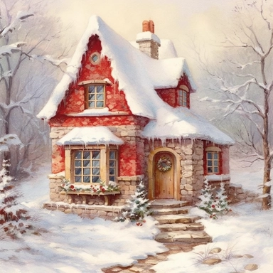 stunning red fairytale Christmas cottage in snow , beautiful Christmas clipart, soft faded colors, beautiful watercolor art by Marjolein Bastin, Thomas Kinkade, Carl Larsson, Norman Rockwell, Susan Wheeler