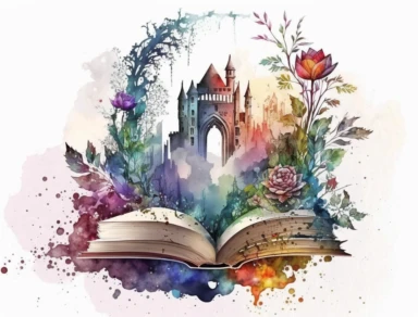 Watercolor Fantasy Books Clipart, Open Book Clip Art, old books, Magic Books, hd, on white background, no text, magical, flowers, castle, house
