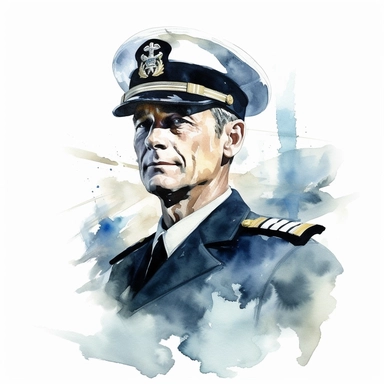 Naval captain wearing a blue uniform , watercolor by Nita Engle, Clipart, vectorized with white background,
