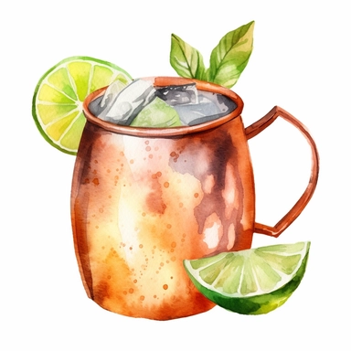 Moscow Mule: A zesty combination of vodka, ginger beer, and lime juice served in a copper mug. watercolor, clipart