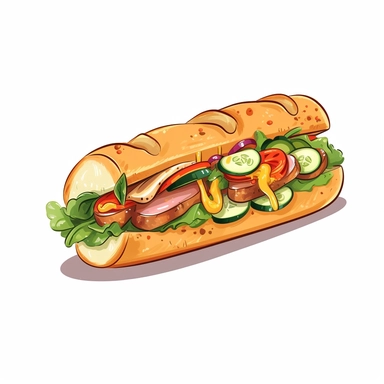 Bánh mì: A Vietnamese baguette sandwich filled with various ingredients such as grilled meats, pâté, and pickled vegetables. , simple illustration, cartoon vector style, clipart, white background