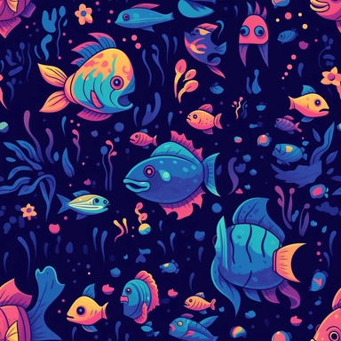 An engaging pattern for a children's t-shirt design showcasing an underwater world brimming with life and excitement. Cute and friendly fishes, with their playful expressions, swim amidst a colorful array of underwater plants, while a brave diver with a snorkel and flippers explores the vibrant depths. The design, created in a whimsical clipart style, incorporates a mix of bold and pastel colors, making it an eye-catching and joyful addition to children's wardrobes, inspiring a love for nature a