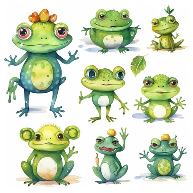 watercolor kawaii frogs, illustrations clipart set, simple, cartoon elements, different variants, separate elements with a margin