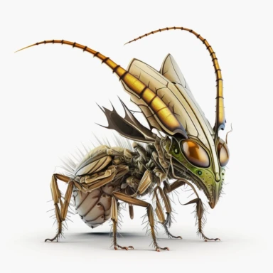 A acorn weevil praying mantis hybridevil creature, realistic, bold line, clipart, sticker, white background, no shadow, 8k detail