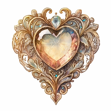 Gold Jewel Brooch with big clear diamond faceted heart shaped Gemstone, watercolour painting, detailed, intricate, white background, clipart