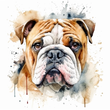 watercolor illustration of a cute English Bulldog dog, watercolor clipart, in the style of 32k uhd, realistic animal portrait, white background, png