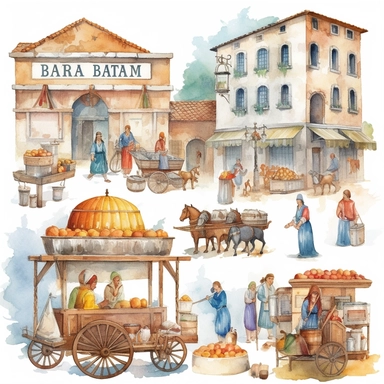 Watercolor roman bazaar with roman people shopping , illustrations clipart set, simple, , cartoon elements, different variants , iron elements, marble elements, separate elements with a margin
