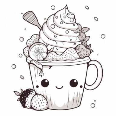 kawaii icon hot chocolate with whip cream and cookie and cherry clipart coloring page black line white background