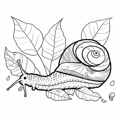 The snail fell asleep on the leaf and fell.. Create a black and white clipart image suitable for a children's coloring book that depicts this anecdote. Add a background description that is suitable for snails. Simple outline, bold lines, black ink on white background, clipart. Make sure to leave some space for children to color.