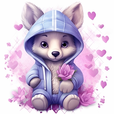 a shy baby wolf in hoody Clipart, covered in hearts, Nursery summer Clipart, Easter Clipart, Crafting Digital Paper, purple and blue backlight Mother’s Day, white background