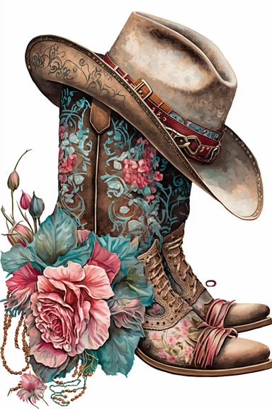 Clipart, cowboy hat on cowboy boots, watercolor, by Betsey Johnson, intricate, illustration, detailed, 8k, png, isolated on white background