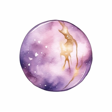 Crystal Ball, in the style of watercolor illustrations, pink and gold, soft lilac, magical and mystical, galaxy elements, modern minimal watercolor, on white background, clipart
