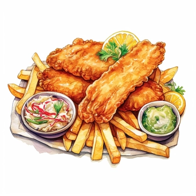 a delightful watercolor, hyper-realistic clipart image with a white background and white margins, showcasing a plate of crispy fish and chips. The ultra-detailed, hand-drawn elements capture the golden batter and tender fish. Use whimsical touches to add a sense of freshness, and bold shades of yellow and brown to evoke the comforting and satisfying nature of this classic fast food dish