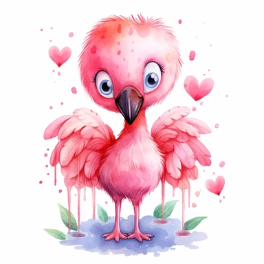 a cute adorable chibi cartoon style pink flamingo for valentine, watercolor clipart