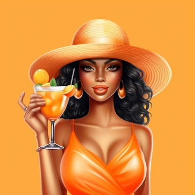 pretty black girl, Sun Straw Hat Wide Brim Summer Hat Foldable Roll up Floppy Beach Hats, pretty, holding a cocktail drink, orange outfit, 4k, hd, clipart