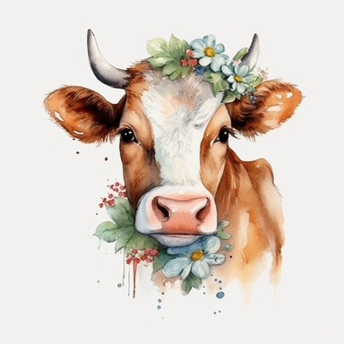 stunning, beautiful and happy cow by Beatrix Potter, Watercolor clipart, single design, print on demand image, sublimation, PNG transparent background, white background, 8k