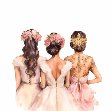 glamour dolce & gabbana half body back shot, watercolor white wedding dress bride wedding brunette hairstyle with beautiful gold headpiece clipart, + two bridesmaids in pink dress, hd, isolated on white background, spaced out ar 3:2