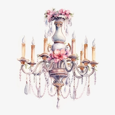 Make a clipart of a shabby chic, fairytale watercolor victorian chandelier, rococo, hd, white background