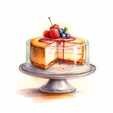 watercolor, hand drawn cheesecake in a bakery case clipart, hd, white background, spaced out--ar 3:2