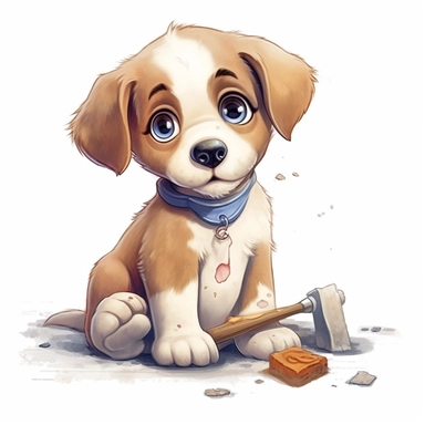 cartoon clipart, wathercolor of art adorably puppy on white background, simple and Adorable little puppy sitting on the ground with a bone in its mouth, big eyes and a friendly expression, cleaning