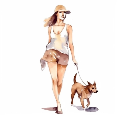 a watercolor sticker of an attractive woman in matching workout set walking her dog. Clipart. Neutral beige faded color palette. White background. Artistic illustration. Hand-drawn.
