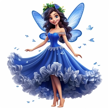 a beautiful smiling fairy girl, royal blue dress, big fairy wings, lovely butterflies all around her, pixar style, full body image, clipart, white background