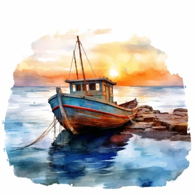 clipart de acuarela de barcas en el mar en atardecer sobre fondo trasero blanco, super detallado,moche art, 16k, full color, fotorealista, obra maestra, manchas de acuarela