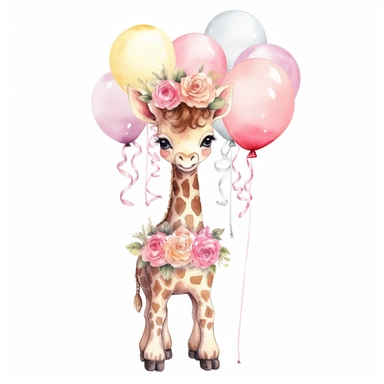 baby giraffe nursery full body watercolor style clipart, happy, with floral crown on head, Disney style, holding pink balloons