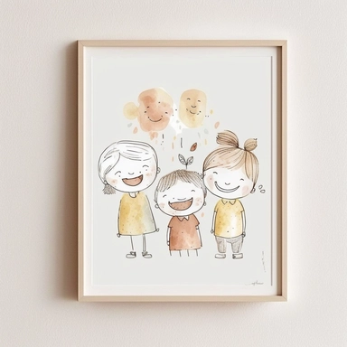children book illustration cute family laughing watercolor clipart , etsy wall print warm colors line drawing, simple minimal shape, Home Prints, Modern Century, muted color Wall Art, 8k