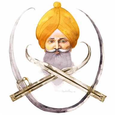 a clipart of a ultra detailed watercolor Guru Nanak with the The Khanda as background, v4 ar 2:3
