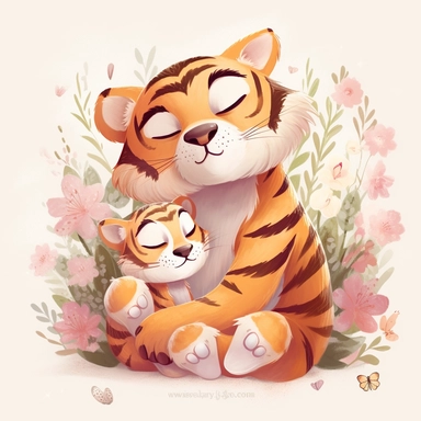 Cute floral illustration, realistic adorable baby tiger hugging his mom happy clipart, nursery style clipart, Nursery Animals Art, Kids Wall Art, Kids Room Decor, Baby Room Decor, isolated on white, ultra - detailed, high quality, ghibli style, award winning