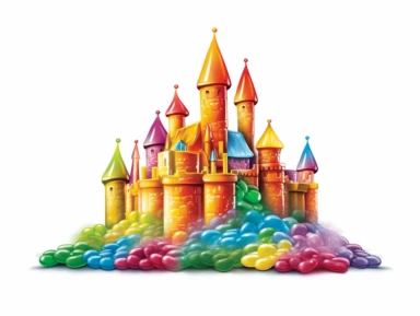 Create a delightful clipart-style castle made entirely of colorful candy, reminiscent of the texture and vibrancy of gummy bears. Let the castle's whimsical design and sugary charm transport viewers to a world of sweet imagination. Ensure the castle stands out against a clean white background, providing versatility for printing purposes. Craft an image that sparks joy and captures the essence of a deliciously magical kingdom, where candy and creativity converge.