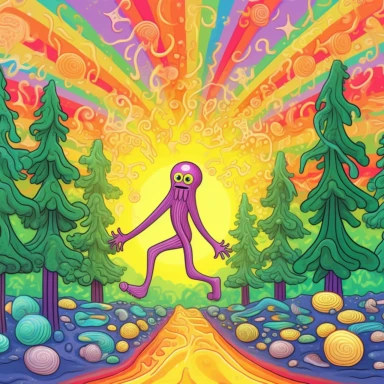 bad clip art, lemon sun, sunrise, vibrant rainbow, lemon octopus, grabbing clouds, forest of trees, trees have human feet
