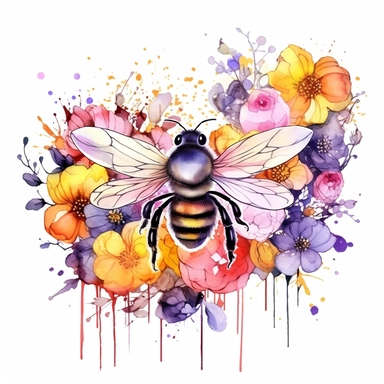 Honeybee floral clipart watercolor, bright colors Watercolor style, Illustration clipart, 8k, extremely detailed