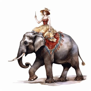 hand drawn vintage circus elephant with woman riding, glamorous, soft, detailed and realistic, watercolor, clipart style, white background with margins