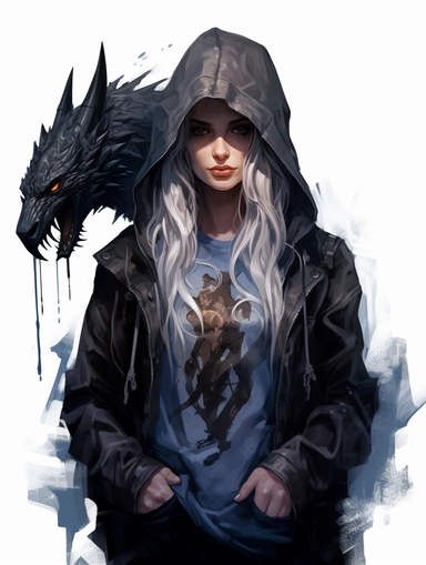 clothing brand logo, Gothic, dragon, Templar, cyberpunk, hooded girl, crow on shoulder, high contrast, white background clipart, clipart png, realistic, digital painting, WHITE BACKGROUND, fantasy style, realistic, painting, watercolor, 8k, ultra details,