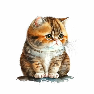 Kawai cute fat cat with big eyes furry sitting on the floor cute Watercolor Clipart