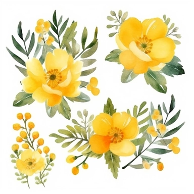 watercolor, handpainted yellow boho floral clipart, transparent background, spaced out--ar 3:2
