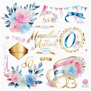 watercolor marriage anniversary clipart collection, white background, white, pink, blue and gold illustrations