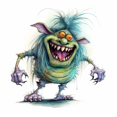HAPPYCORE detailed illustration of a whimsical magical TROLL creature in a creepy, eerie style with a sense of FUN IN A SPOOKY WAY, featuring large shoes, large eyes, and a big grin, watercolor and ink,clip art, cartoon, 8k, ar 9:8