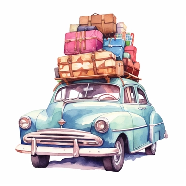 A vintage or colorful car packed with luggage, signifying a fun road trip adventure, pastel colors, white background, watercolor splash, fashion illustration, clipart, by Jack Hughes