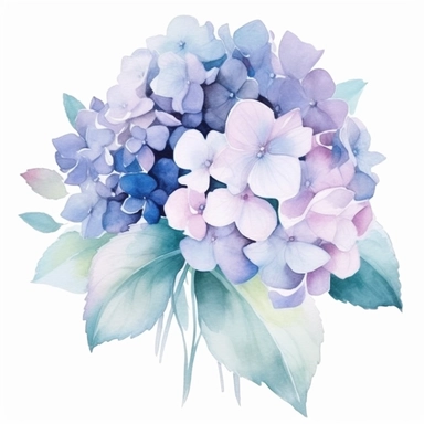 Dusty blue and purple hydrangea watercolor arrangement, watercolor premade border, white simple background, no grass or green ground in the scene, no sky, pale watery color, hand painted original, pastel colors, Watercolor Flowers Clipart, airy dreamy pale color, modern minimal v 4