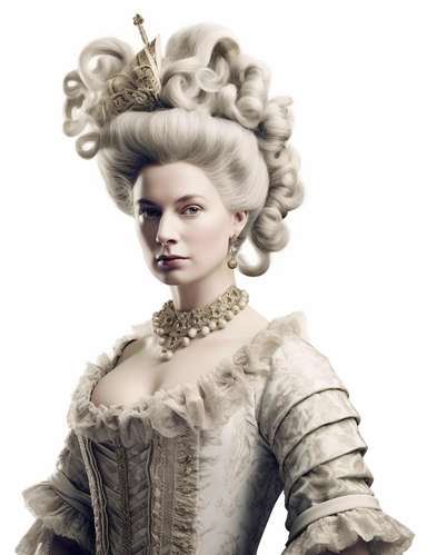 hasselblad 24 mm three quarters shot of a gorgeous realistic Queen Charlotte , clipart, Composition: Relaxed position with intricate high hairstyle, smiling, detailed natural skin, Style: Georgian Colonial, white background, hyperrealism, 32k