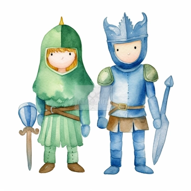 two knights characters separately watercolor clipart images for kids, whole body, from the front, blue and green, white background