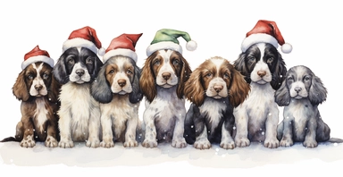 Cute springer spaniel puppies in a line, dressed in cute christmas outfits, playful, vivid colors, white background, ornamental watercolor clipart, I can't believe how beautiful this is