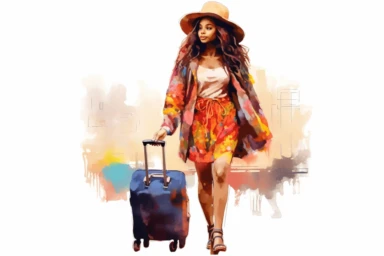 colorful beautiful black womam with long hair, pulling luggage through airport, watercolor clipart